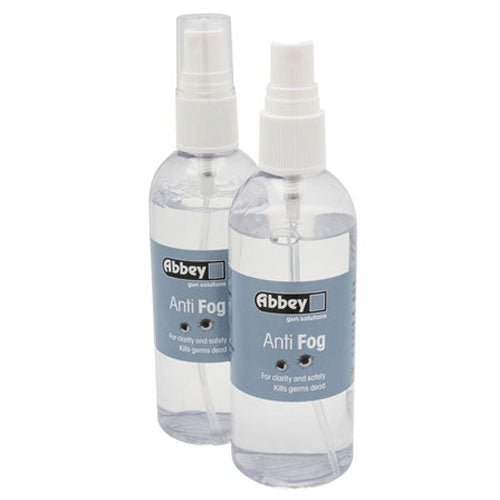 Abbey Anti Fog Spray 150ml bottles for clear vision and safety in cold weather and heavy breathing conditions.