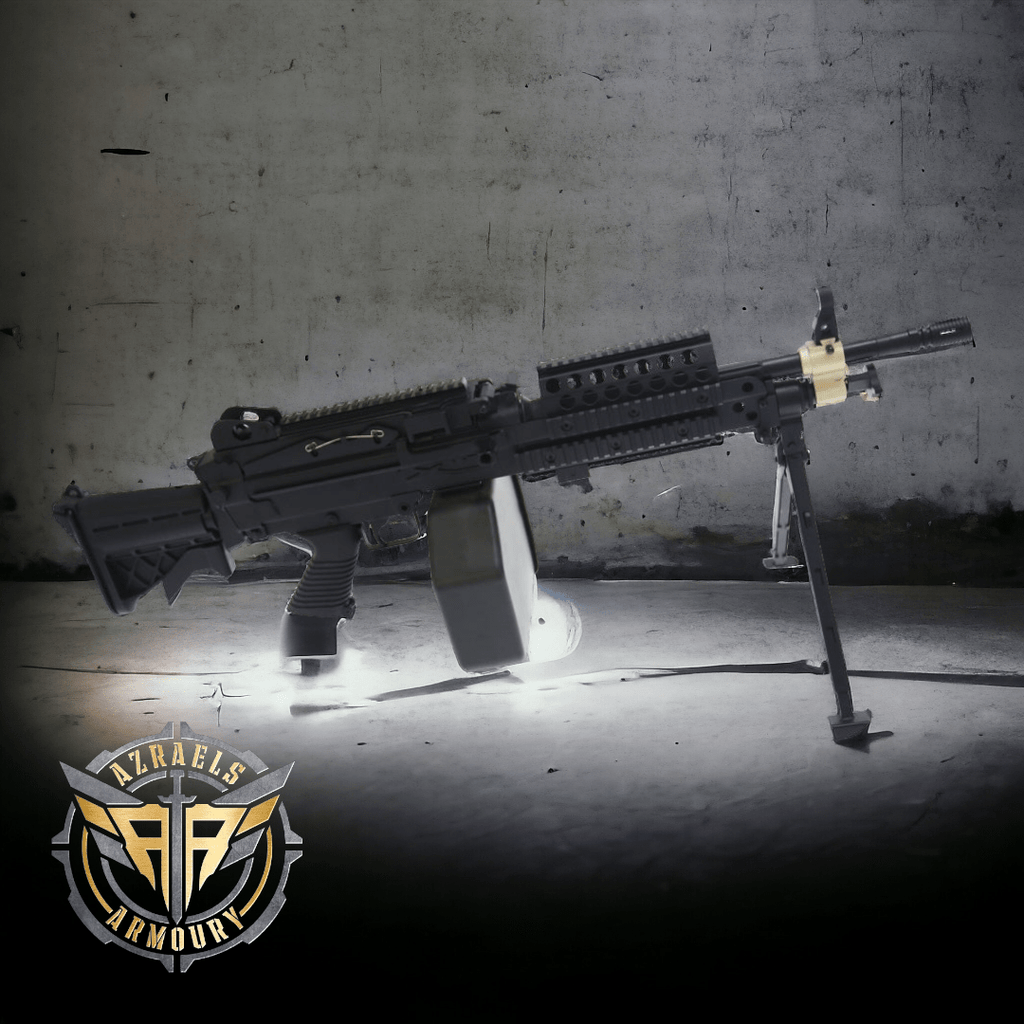 A&K Cybergun FN MK46 full metal gel blaster with bipod, realistic features, Azrael's Armoury branding.