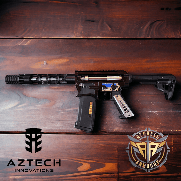 Armoury Upgraded Black Chimera 2 PRIME showcasing advanced CQB features and sleek design on wooden background.