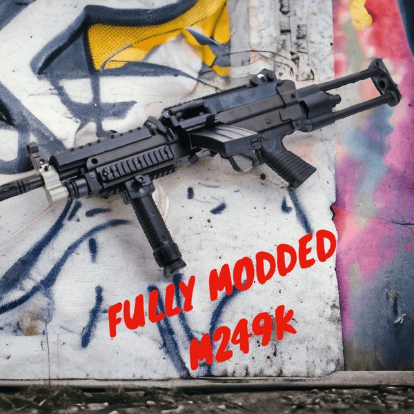 Armoury upgraded M249K MINIMI SAW gel blaster with tactical grip and black finish, showcased against graffiti backdrop.