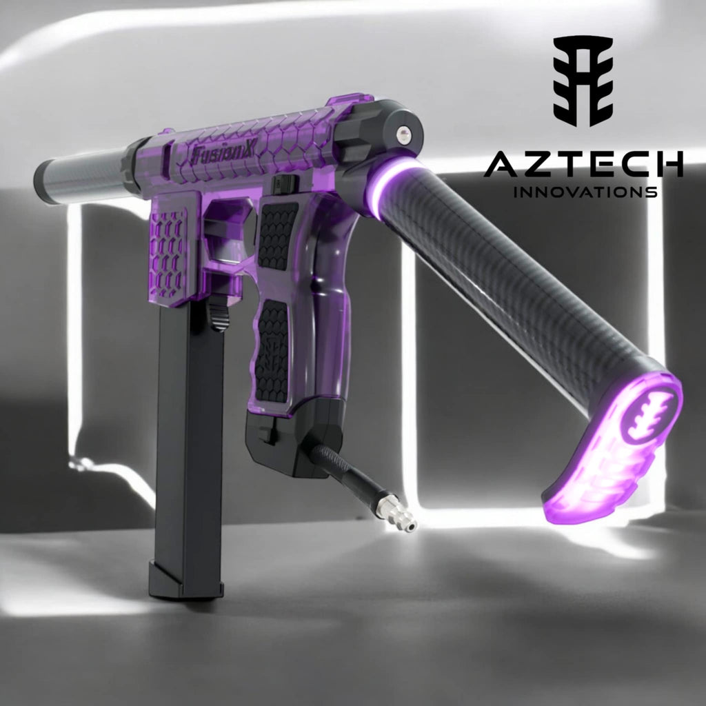 Aztech Innovations Carbon Fiber Magnetic Battery Shuttle System in purple, designed for gel blaster and airsoft enthusiasts.