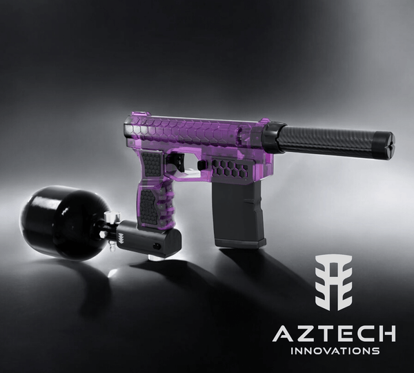 Aztech Innovations FusionX HPA Receiver in purple design, paired with tank for high performance gel blasting.