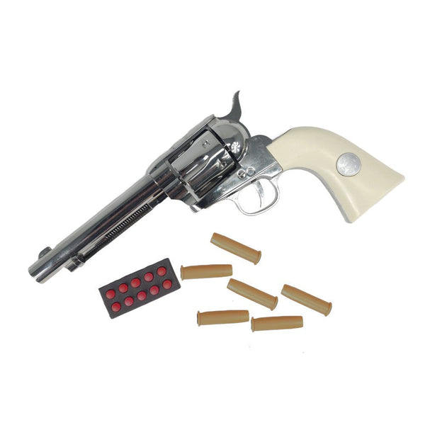 KELe Colt 1873 Peacemaker revolver in silver with white grips and dummy cartridges.