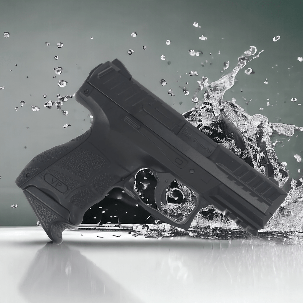 KELe HK VP9 SK Manual Springer Gel Blaster in black against a splash of water, highlighting its detailed replica design.