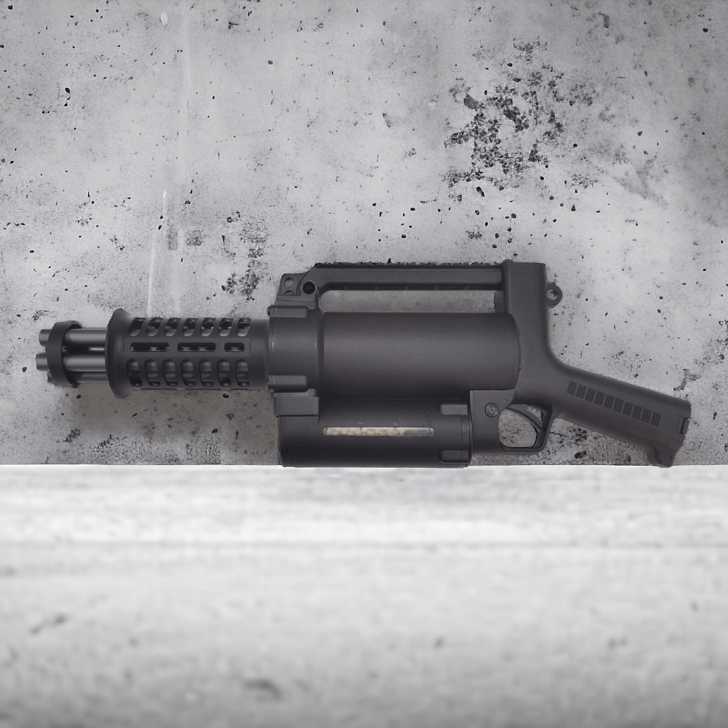 M134 Mini Vulcan Gatling Gel Blaster showcasing its lightweight nylon design and rotating barrels on a concrete background.