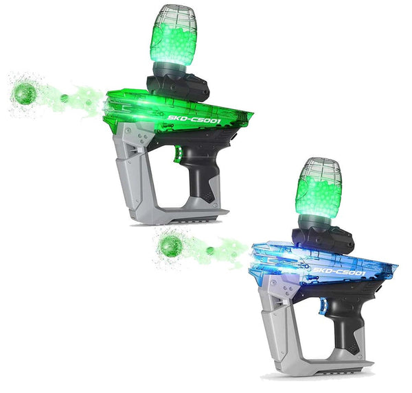 SKD CS-001S Tracer Sci-Fi Gel Blaster set with vibrant green and blue LED lights, shooting gel balls.