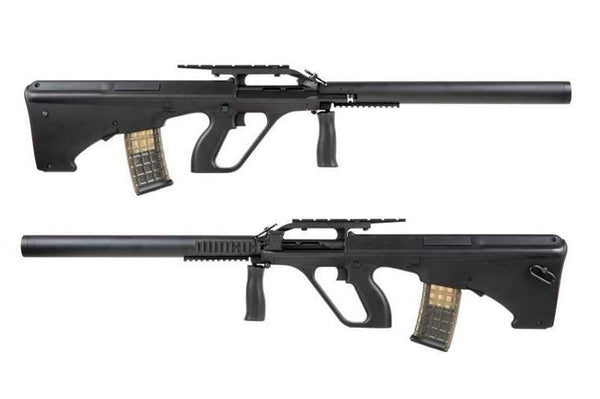 SW Aug Steyr Special Operator Suppressed Gel Blaster Rifle showing dual angles and magazine detail.