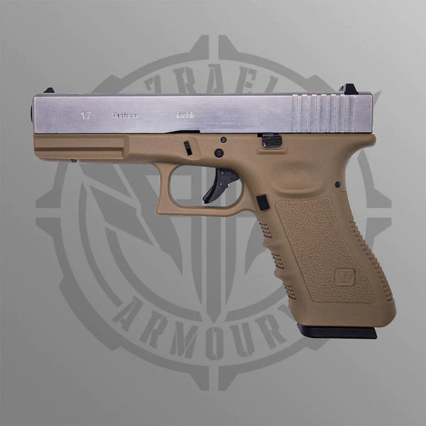 WE Tech G17 Gen 3 style gas blow back gel ball pistol in tan, showcasing its aluminum slide and ergonomic grip.