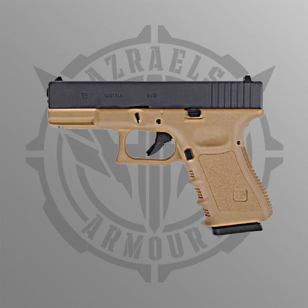 WE Tech G19 Tan gas blow back pistol with polymer frame and CNC aluminum details