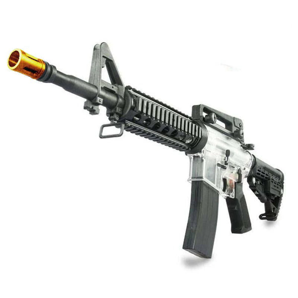 Wells M4 M4101 Gel Blaster Assault Rifle with clear nylon casing and orange muzzle, ideal for enthusiasts.