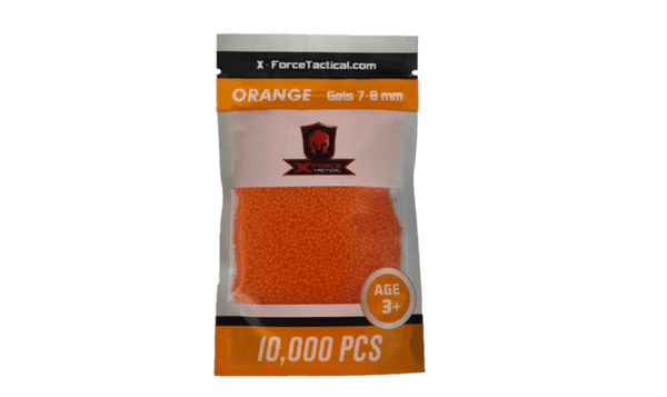 X-Force Orange Gel Balls pack containing 10,000 pieces, suitable for 7-8 mm gel blasters, recommended for ages 3 and up.